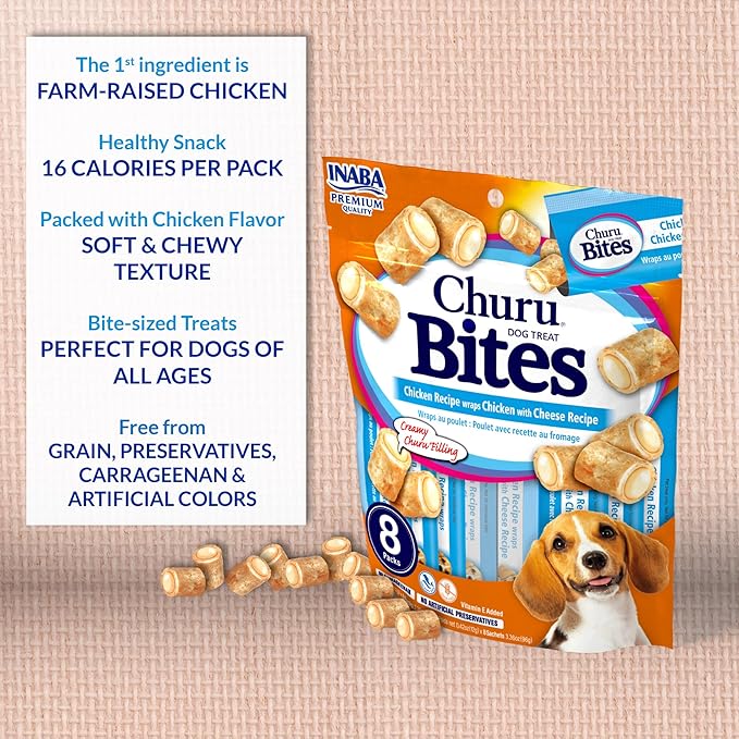 INABA Churu Bites for Dogs, Soft & Chewy Dog Treats with Vitamin E, 0.42 Ounces Each Tube, 20 Tubes, Chicken & Cheese Variety Box