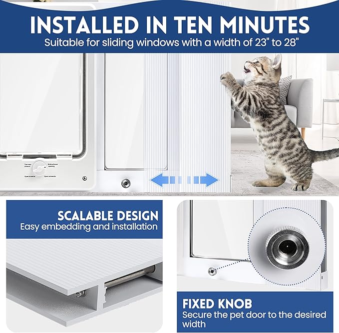 Full-Size Window Pet Door for Cats & Small Dogs, Width Adjustable Fits Sliding Windows, 10-Min Install, Aluminum Frame, HD High-Transparency Glass, Weatherproof Design, Magnetic Close