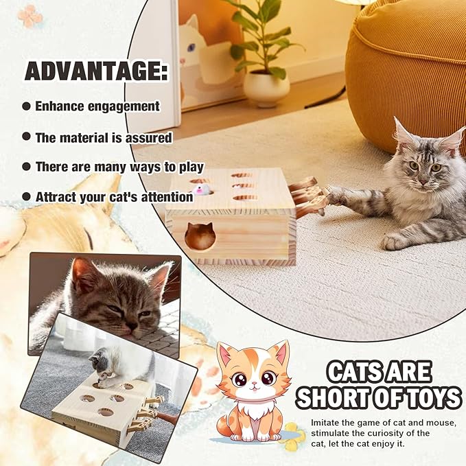Interactive Wooden Cat Toy, Solid Wood Toys for Indoor Cats Kitten Catch Mice Game, Cat Scratcher and Toy, Cat Interactive Toys, Cat Toy for All Ages Cats