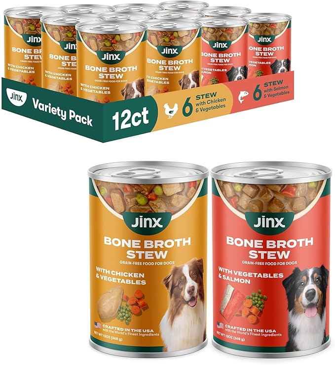 Jinx Bone Broth Stew for Dogs, Variety Pack - Chicken & Salmon Recipes - Grain-Free Wet Dog Food & Topper for Picky Eaters - Promotes Lean Muscle Growth, Healthy Coat & Digestion - 13 Oz, 12 Pack