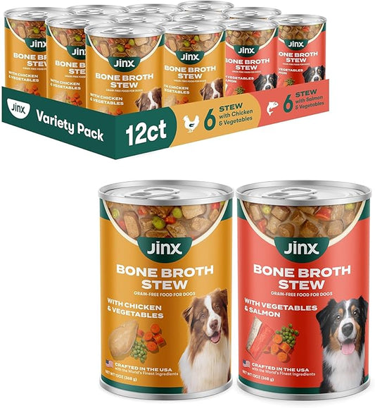 Jinx Bone Broth Stew for Dogs, Variety Pack - Chicken & Salmon Recipes - Grain-Free Wet Dog Food & Topper for Picky Eaters - Promotes Lean Muscle Growth, Healthy Coat & Digestion - 13 Oz, 12 Pack