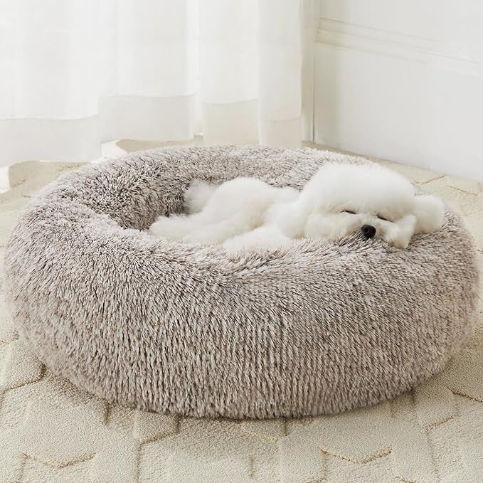 WNPETHOME Calming Dog Bed Cat Bed Donut, Faux Fur Pet Bed Self-Warming Donut Cuddler, Comfortable Round Plush Dog Beds (27 x 27 Inch, Light Coffee)