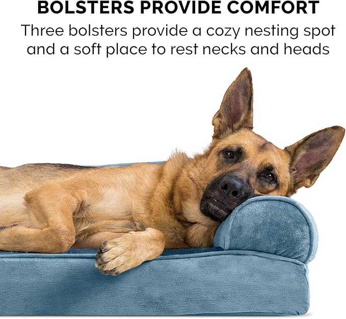 Furhaven Cooling Gel Dog Bed for Medium/Small Dogs w/ Removable Bolsters & Washable Cover, For Dogs Up to 35 lbs - Faux Fur & Velvet Sofa - Harbor Blue, Medium