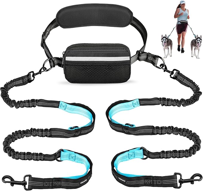 Hands Free Dog Running Leash with Adjustable Waist Belt, Dual Handle Elastic Bungees Retractable Rope for Small and Medium Dogs, Reflective Stitches for Walking Hiking Biking (Medium, 8-25lb)