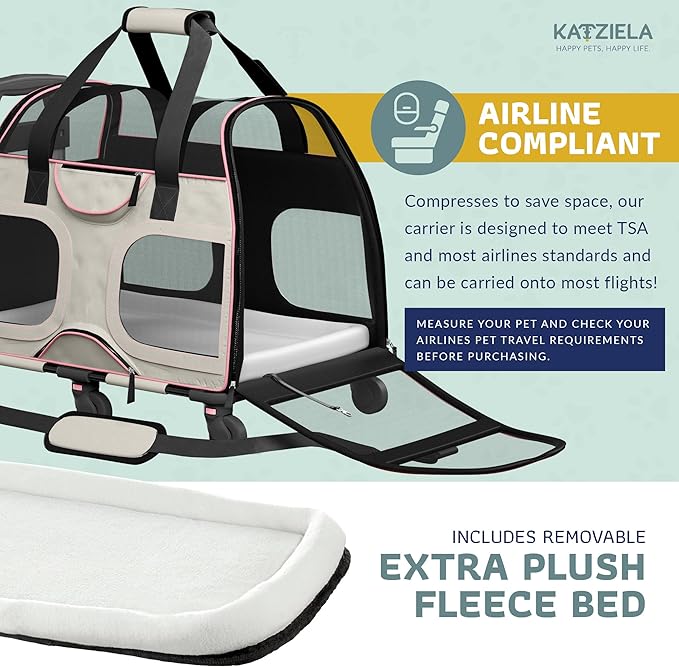 Katziela Pet Carrier - Airline Compliant Dog Carrier - TSA Approved Pet Carrier for Small Dogs and Cats - Soft FAA Travel Airplane Dog Carrier Luggage (Gray/Pink-6 Wheels)
