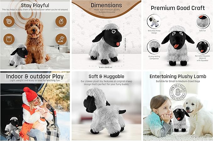 FGA Marketplace Black Sheep Plush Toy - Entertaining Plushy Lamb with 2 Squeakers, Suitable for Small to Medium-Sized Dogs - Made with Soft, Highly-Durable, & Pet-Safe Polyester Material