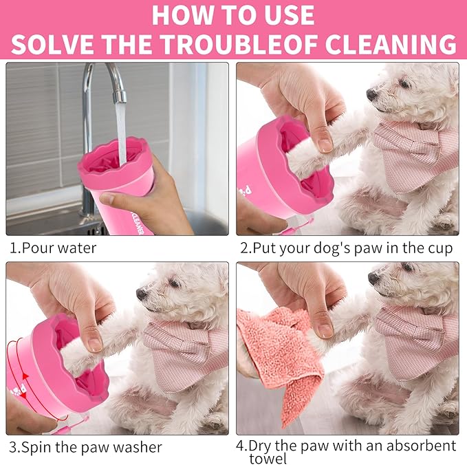 Comotech Portable Pet Foot Washer with Silicone Brush, 3 Absorbent Towels for Small Dogs (Pink)