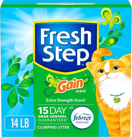 Fresh Step Clumping Cat Litter with Febreze Gain Scent, Long Lasting Odor Control Kitty Litter with Activated Charcoal, Low Dust Formula, 14 lb