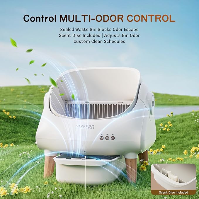 Self Cleaning Litter Box for Multiple Cats, Automatic Cat Litter Box with App Control, Open Top Design, Safety Protection, Ultra-Quiet, Includes Waste Bags, Large Waste Bin, & Brush (Wooden)