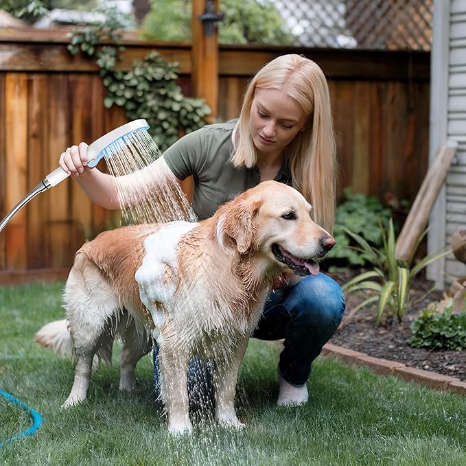 SR SUN RISE Dog Shower Attachment with 4 Adjustable Spray Modes, Pet Shower Attachment Hose for Easy Installation, Dog Shower for Bathing and Grooming, Indoor/Outdoor Use, 6.5-Foot Hose, Blue/White