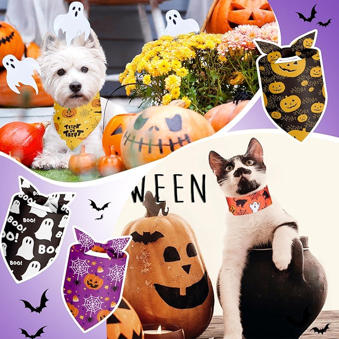 100 Pieces Halloween Dog Bandanas Bulk Pumpkin Ghost Bandanas for Dogs Soft Triangle Bibs Adjustable Triangle for Small Medium Large Pets Halloween Party Costume