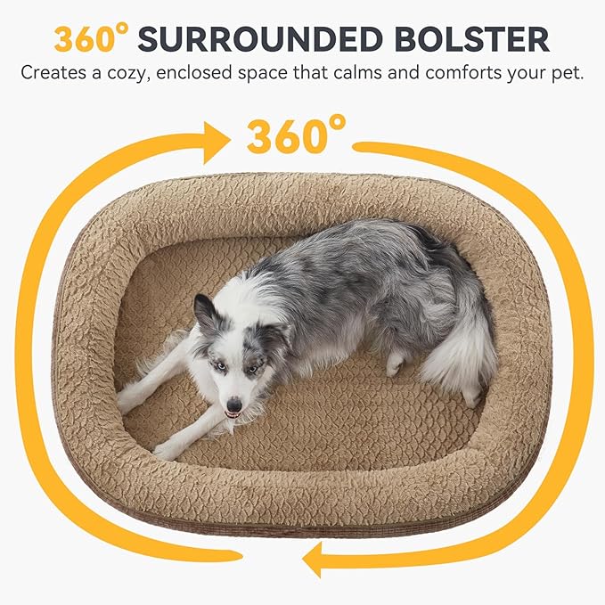 JOEJOY Orthopedic Dog Bed for Extra Large Dogs, Egg-Crate Memory Foam Pet Bed with Bolster Sides, Waterproof Lining, Removable Washable Cover & Non-Slip Bottom, Brown