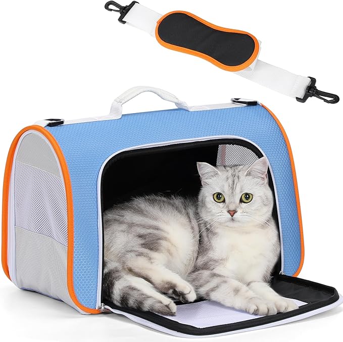 A4Pet Pet Carrier Airline Approved, Suitable for Cats, Puppies Under 18 lbs, Easy On The Go, Easy to Stow, Soft-Sided Pet Travel Carrier, 17" L x 11" W x 11" H, Blue & Orange