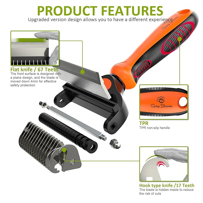 Spring Blossoms-2 in 1 Professional Grooming Rake for Cats & Dogs-Dematting Comb for Easy Mats & Tangles Removing,Pet Brush Safe No More Nasty Shedding and Flying Hair (Orange)