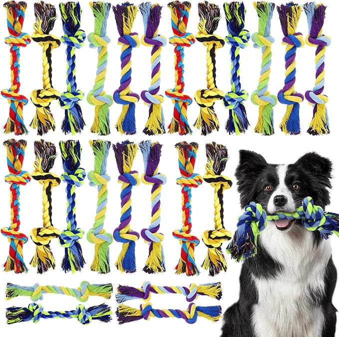 24 Pack Large Dog Rope Toys 10 Inch Chew Toys Bulk Natural Cotton Dog 2 Knot Dog Toy 2 Knots Chew Rope Toy Teething Rope Toys for Aggressive Chewers and Medium Dogs