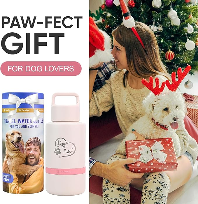 Insulated Dog Water Bottle with Travel Bowl, Dog Lover Gift, Portable Water Bottle Dispenser, Accessories for Car, Hiking, Camping, Outdoor, Leak-Proof, Detachable (DogMom-PalePink)