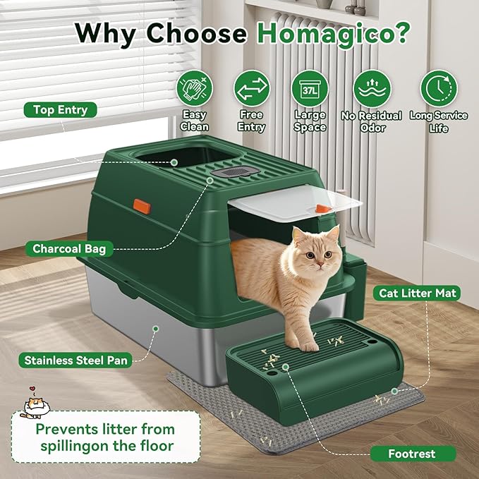 Stainless Steel Litter Box with Lid, Cat Litter Box Enclosure XL Odor-Proof with Litter Mat, Covered Litter Box Rust-Resistant Durable for Big Cat, Easy Clean 37L Capacity (Green)