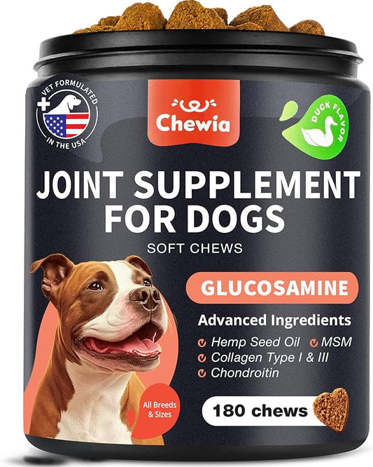 Glucosamine for Dogs - Joint Supplement for Dogs - Glucosamine Chondroitin - 180 Hip and Joint Care Mobility Chews - MSM, Turmeric - Advanced Mobility Support - Bone Health - Large and Small Breeds