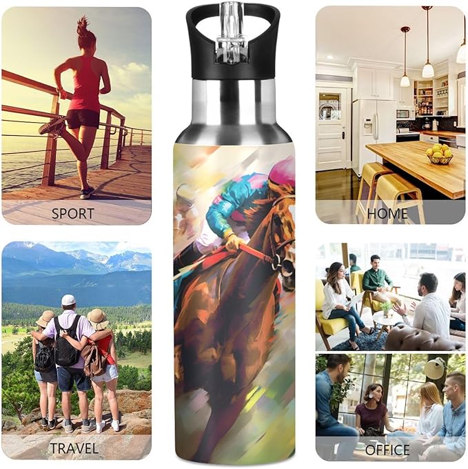 Horse Racing Water Bottle with Straw Lid Kids Insulated Stainless Steel Water Flask Sports, 20 Oz Hot Cold