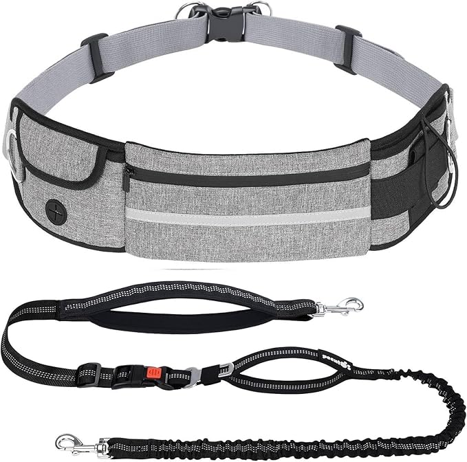 Pecute Hands Free Dog Leash with Pouch, Waist Belt Fanny Pack with Soft Padds, Dual Padded Handles and Durable Bungee for Walking, Hiking, Jogging Biking, and Running (Up to 220lbs)