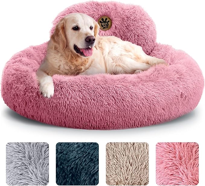 PetJett Calming Large Dog Bed - 36'' Donut Dog Beds, Anti-Slip & Washable Large Round Bed, Fluffy Faux Fur Pet Bed, Super Soft Anti-Anxiety Premium Comfort Bed, Fits Dogs up to 100 lbs - Pink