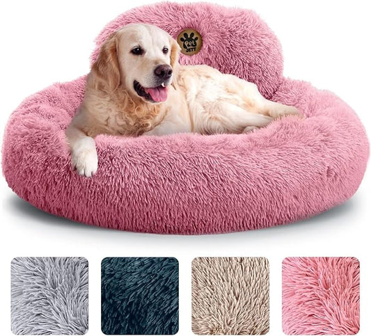 PetJett Calming Large Dog Bed - 36'' Donut Dog Beds, Anti-Slip & Washable Large Round Bed, Fluffy Faux Fur Pet Bed, Super Soft Anti-Anxiety Premium Comfort Bed, Fits Dogs up to 100 lbs - Pink