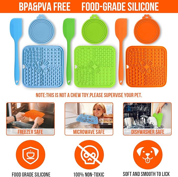 3 Pcs Licking Mat for Dogs and Cats Set, 3 Lick Mats with Suction Cups for Dog Anxiety Relief, Cat Lick Pad，3 Spoons and 3 Silicone lids for pet Canning（9 Pcs in Total）