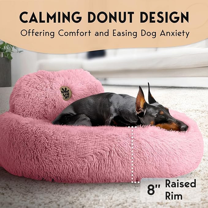 PetJett Calming Large Dog Bed - 36'' Donut Dog Beds, Anti-Slip & Washable Large Round Bed, Fluffy Faux Fur Pet Bed, Super Soft Anti-Anxiety Premium Comfort Bed, Fits Dogs up to 100 lbs - Pink