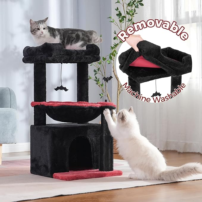 Gothic Cat Tree 32 Inches Small Cat Tree for Large Cats Adult Cat Tower with Scratching Post,15.7”Large Hammock and Self Groomer, and Removable Top Perch and Wide Condo for Indoor Cat-Gothic