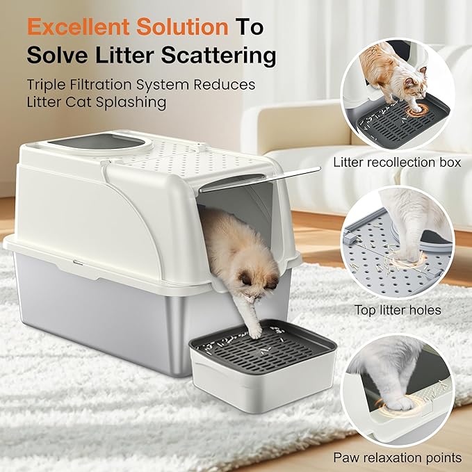 Stainless Steel Litter Box, XXL Large Metal Covered Litter Boxes, Dual Entrance Detachable Cat Litter Box with Lid, 16.6'' High Wall Urine Leak Prevention with Cat Litter Scoop (White)