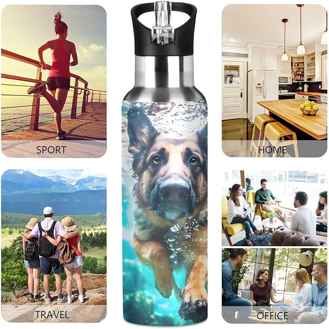German Shepherd Dog Underwater Water Bottle with Straw Lid Kids Insulated Stainless Steel Water Flask Sports, 20 Oz Hot Cold