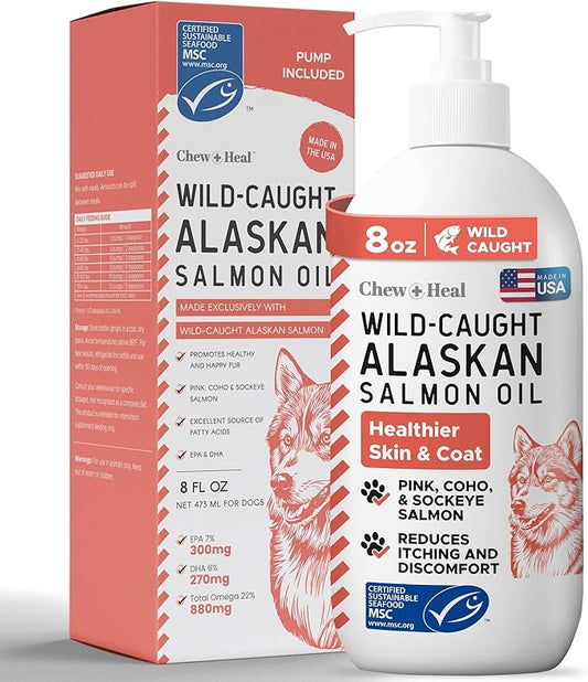Pure Wild Alaskan Salmon Oil for Dogs - 8 oz. Pump Cap - Toxin Free Dog Fish Oil Rich in Omega-3 and 6, Vitamin D, EPA, and DHA for Healthy Skin and Coat - Pink, COHO, and Sockeye Salmon
