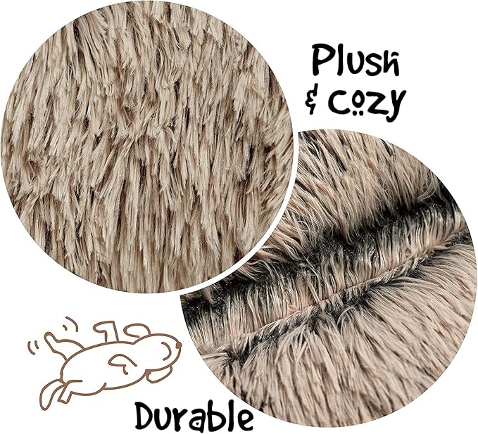 Friends Forever Donut Dog Bed Faux Fur Fluffy Calming Sofa For Medium Dogs, Soft & Plush Anti Anxiety Pet Couch For Dogs, Machine Washable Coco Pet Bed with Non-Slip Bottom, 30"x30"x7" Tan