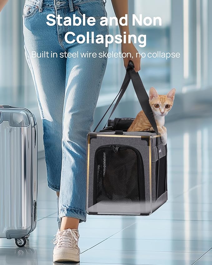Airline Approved Cat Carrier, Pet Carrier Soft-Sided, Portable Dog Carrier with Stable Structure, TSA Approved Pet Carrier for Pets Less Than 12lbs, Cat Carrier Bag Suitable for Travel, Gray
