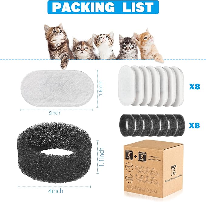 Cat Water Fountain Filters, 16 Pack Cat Fountain Filters, Cat Fountain Replacement Filters for 67oz/2L&108oz/3.2L Stainless Steel Cat Water Fountain, Pet Water Fountain Filters (8 Filters & 8 Sponges)