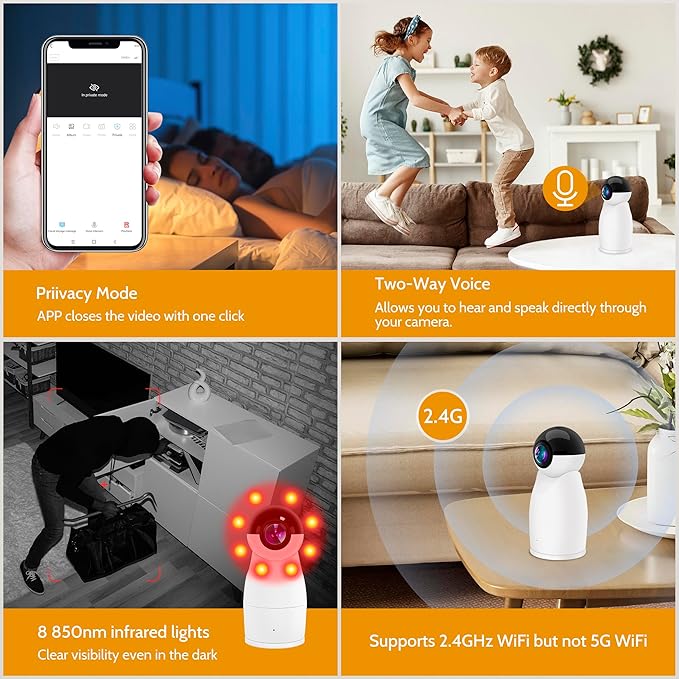 360° Indoor Security Camera-2 Fisheye Lenses for 720° Panoramic View, 2K FHD Baby Monitor & Pet Camera,Motion/Sound Detection, 2.4G WiFi, Night Vision 2-Way Audio, Wireless Cam for Home/Office