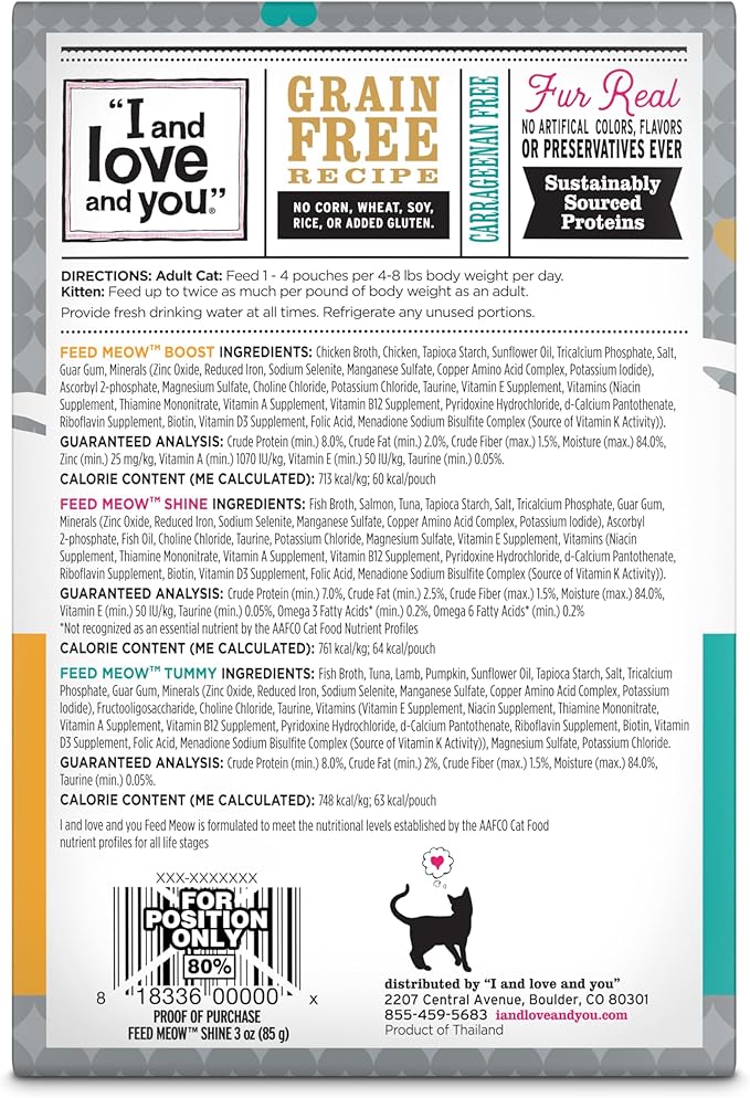 I and love and you Feed Meow Variety Pack - Salmon, Chicken, Tuna - Grain Free, Shredded, No Fillers 3oz Pack of 12