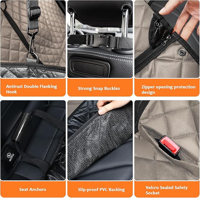 URPOWER 6-in-1 Dog Car Seat Cover for Back Seat, Waterproof Dog Car Hammock with Mesh Window, Non-Slip Pet Backseat Protector for Cars, Trucks and SUVs