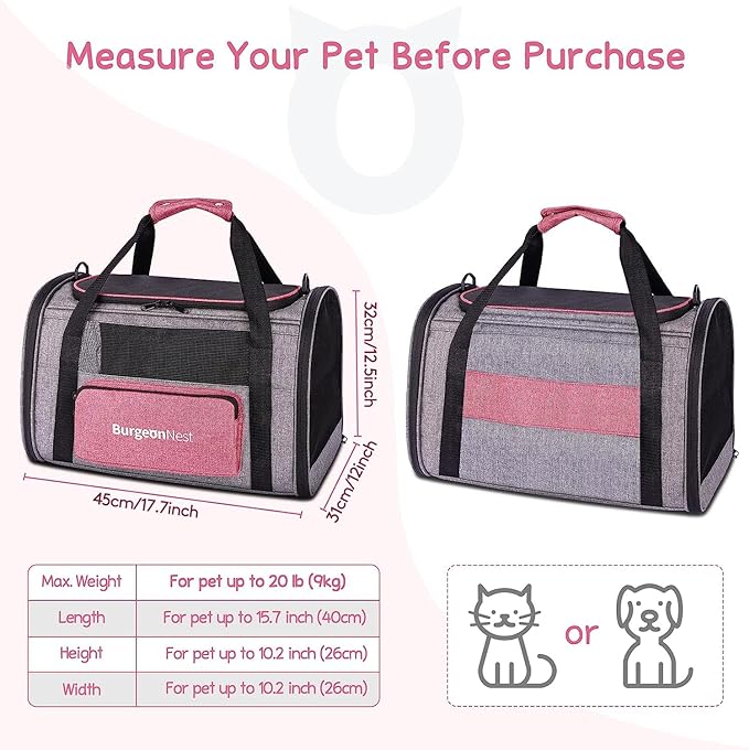 BurgeonNest Cat Carriers for Medium Puppy Under 25 lbs, Pet Carrier for Cats with Unique Side Bag,Top Load Small Pet Bag Soft-Sided Escape Proof with 4 Ventilated Windows