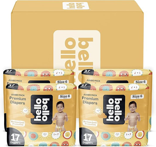 Hello Bello Premium Diapers Size 6, 68 Count Disposable, Extra-Absorbent, and Hypoallergenic Baby Diapers with Snug and Comfort Fit, Sunnyside Up Pattern Value Pack