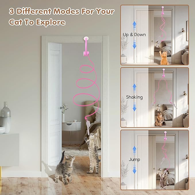 Interactive Cat Toys Rechargeable, Feather Toy for Indoor Cat, Hanging Retractable Teaser Toy, Automatic Kitten Play Chase Exercise Toys with Three Plush Mouse, USB Powered (Pink)