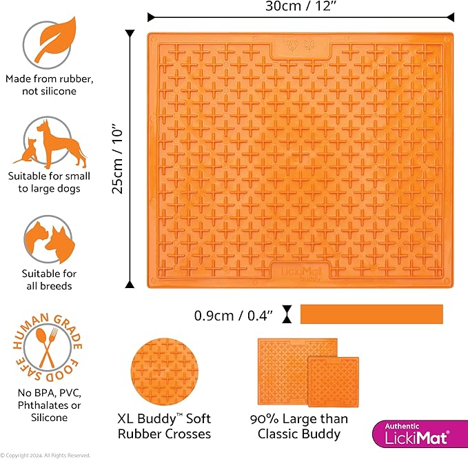 LickiMat X Large Breed Buddy Dog Lick Mat, Dog Calmer, Slow Feeder, Anxiety Reliever Alternative to Puzzle Toys, Slow Feeding Bowls. Use Peanut Butter, Wet, Raw, Mixed Food, Healthy Treats - Orange