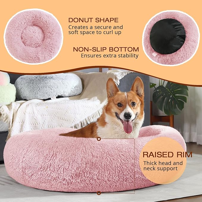 JOLLYVOGUE Dog & Cat Bed, Calming Anti-Anxiety Pet Bed for Small Dogs, Fluffy Donut Cushion for Small and Medium Pets (23")