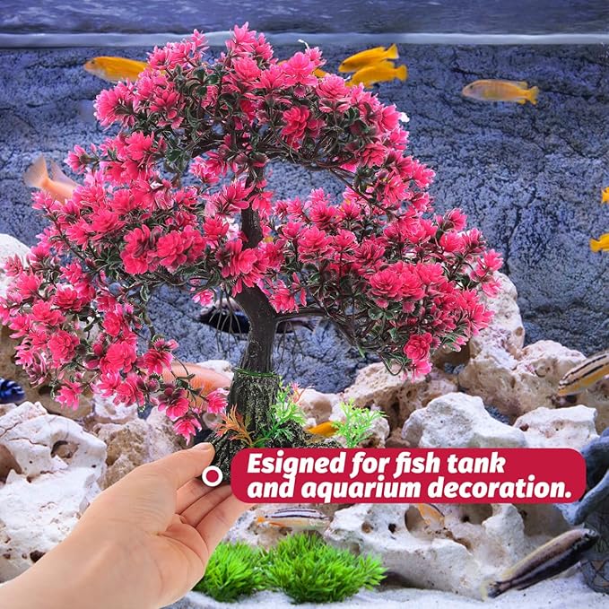 Fish Tank Plants Artificial Aquatic Plant Fish Tank Decorations Betta Accessories Aquarium Bonsai Tree with Base,10.23 X 10.23 X 2.16 Inches