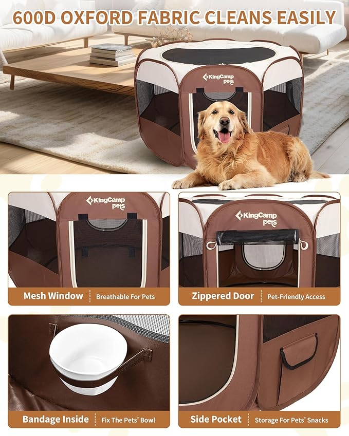 KingCamp Dog Playpen, Portable Foldable Cat Kitten Puppy Tent Crates 29"/36"/50" Pop Up Pet Playpen with Zippered Bottom & Cover for Indoor Outdoor Use (X-Large, Khaki)