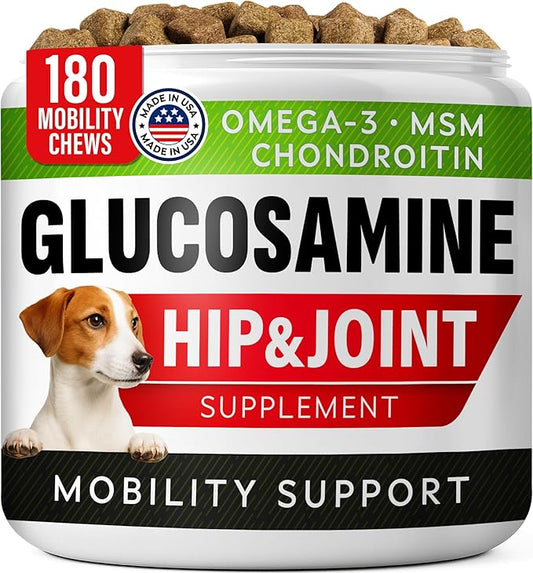 Glucosamine Treats for Dogs - Joint Supplement w/Omega-3 Fish Oil - Chondroitin, MSM - Advanced Mobility Chews - Joint Pain Relief - Hip & Joint Care - Bacon Flavor - 180 Ct - Made in USA