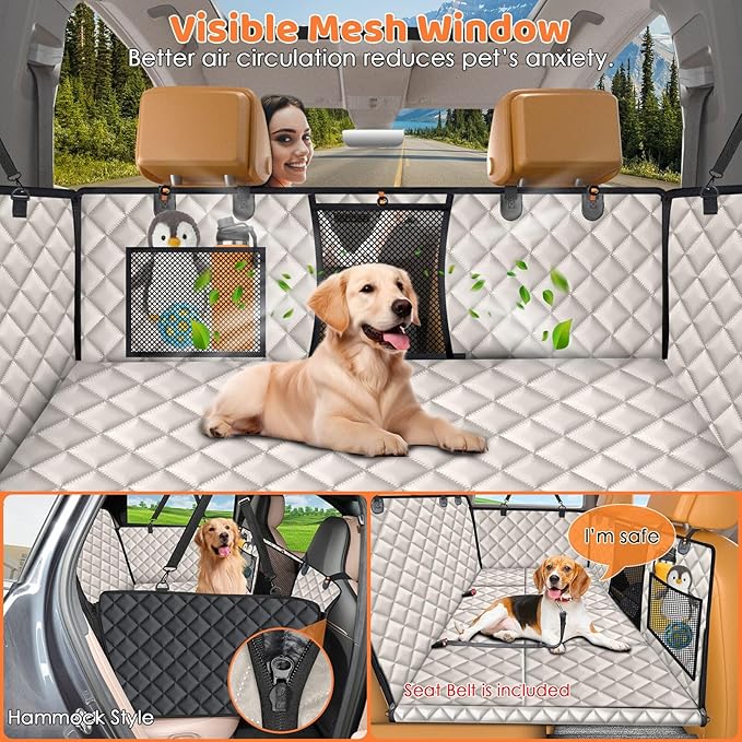 URPOWER Hard Bottom Dog Seat Cover with Mesh Window Waterproof Bench Dog Car Seat Cover for Back Seat Nonslip Pet Rear Seat Protector for Fur & Mud, Washable Dogs Hammock for Cars Trucks and SUV