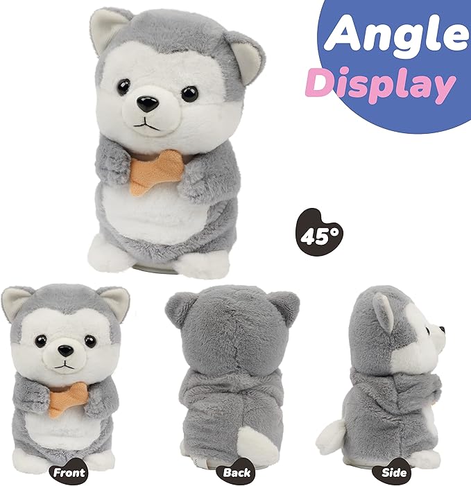 Hopearl Talking Husky Repeats What You Say Dog Nodding Electric Interactive Animated Puppy with Bone Toy Speaking Plush Buddy Gifts for Toddlers, Gray, 6.5''