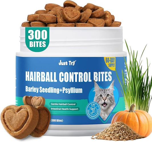Just Try 300 Bites Cat Grass,Hairball Relief & Digestive Support Cat Treats - with Pumpkin, & Omega-3 Fish Oil, Chicken Flavor, Hairball Treatment for Cats