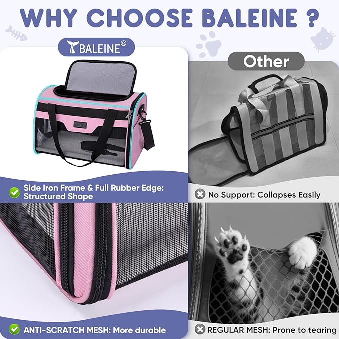 BALEINE Cat Carrier, Puppy Dog Carrier for Small Medium Pets Up to 15 Lbs, Soft-Sided Dog Travel Bag with Safety Zippers, Collapsible Pet Carrying Case (Pink, L, 17"x11"x11")